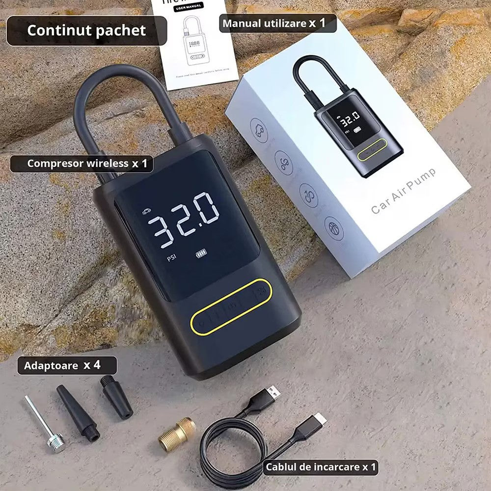 Pompa aer auto electrica, afisaj digital LCD, Lanterna LED, Portabila, Reincarcare USB C, baterie 4000 mAh, Manometru digital, 120 W, sundiguer, Negru