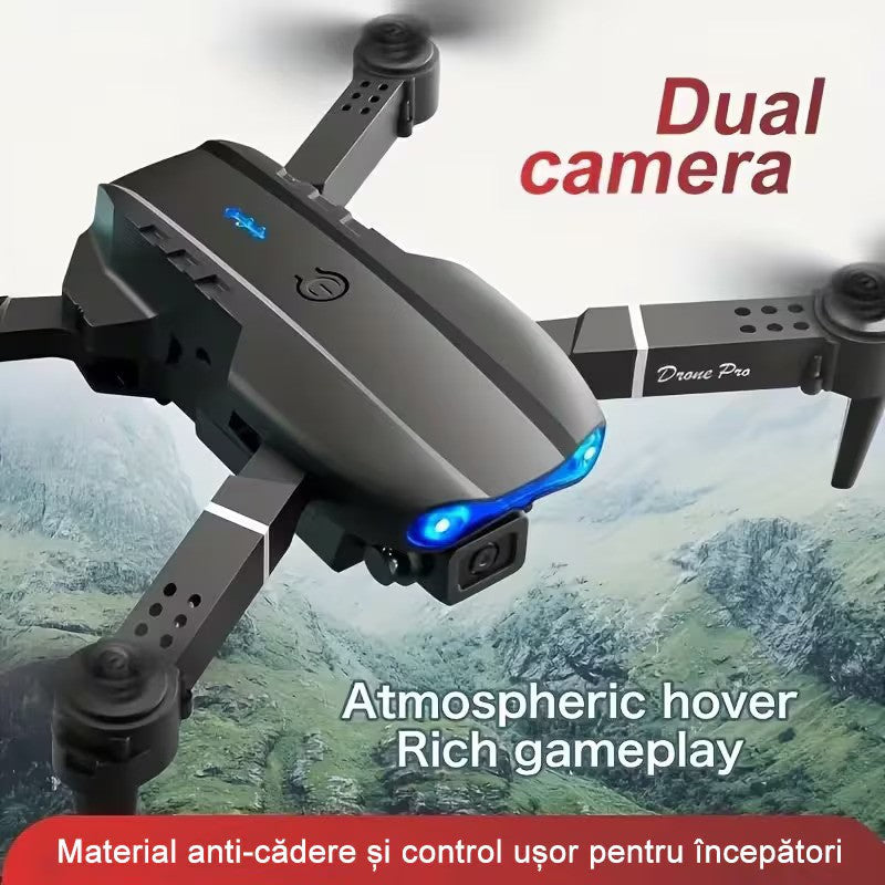 Drona E99, 4K, Camera duala, Conectare WiFi Aplicatie telefon mobil, Brate pliabile, Pozitionare flux optic evita obstacolele, Geanta de Depozitare, Incarcare USB, Pentru Copii si Adulti, Negru