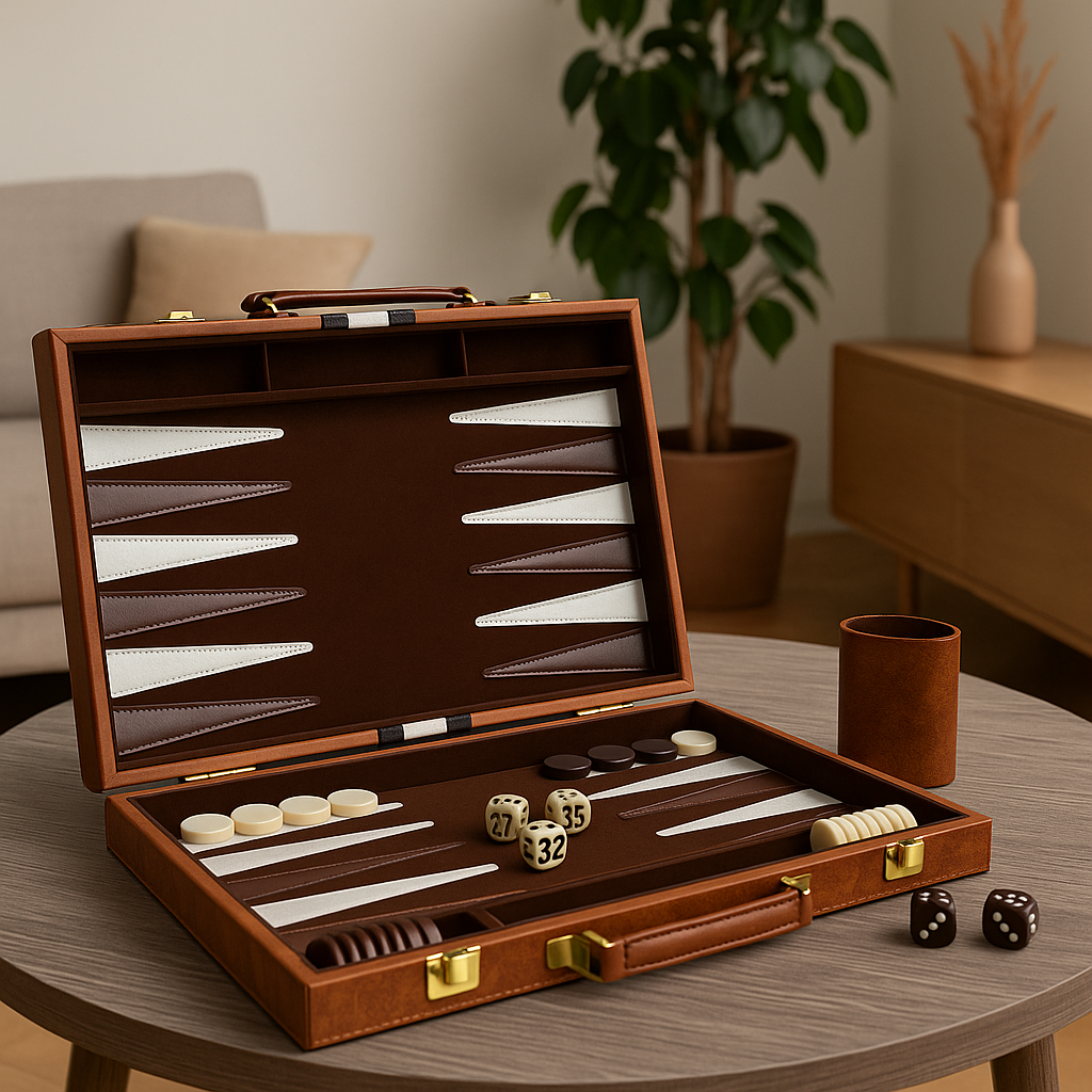 Set de Table Backgammon din piele, design clasic, 40 cm