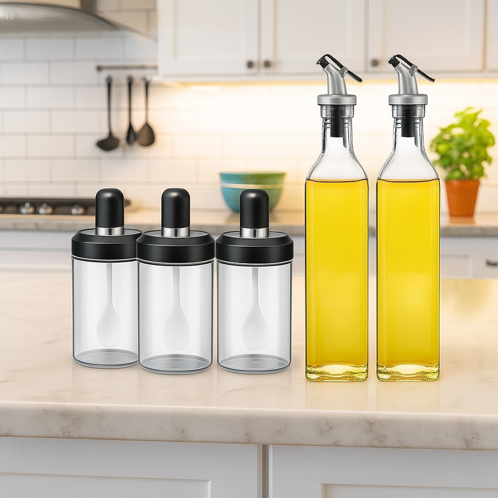 Set elegant pentru ulei, oțet și condimente – 2 sticle din sticlă 500 ml + 3 recipiente cu linguriță 250 ml