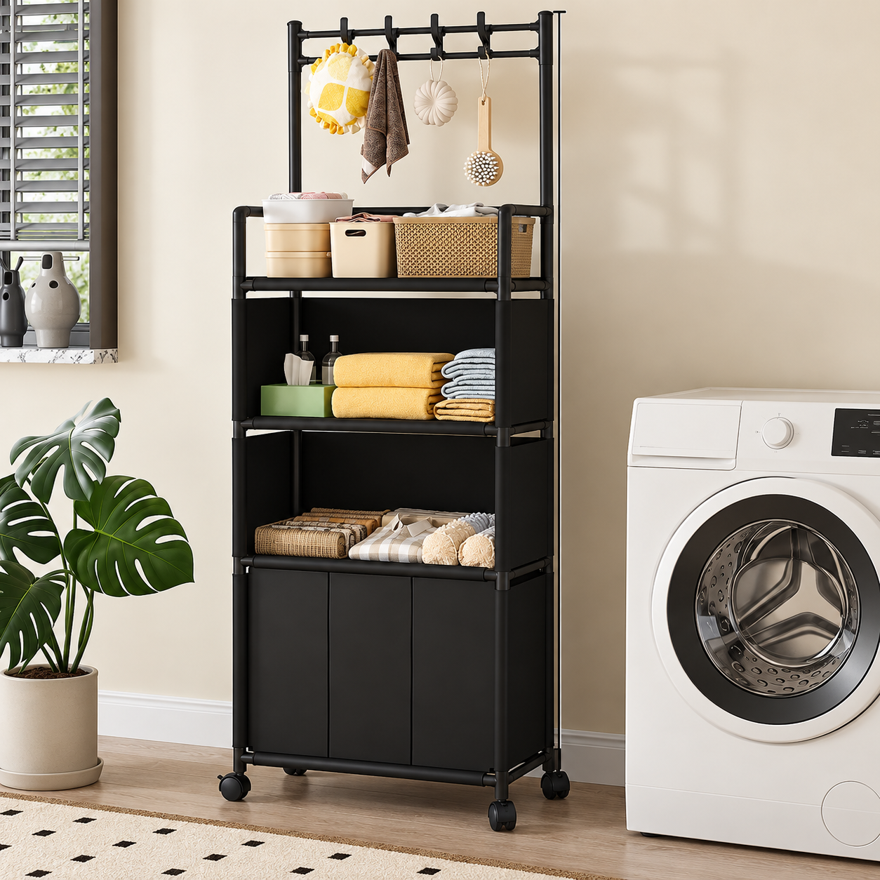 Raft Mobil pentru Baie cu Roti 186x36x57cm Compartimente Sortare Sac Textil Rufe - imagine principala