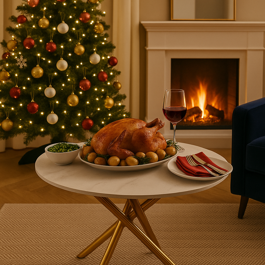 Masa de Cafea Rotunda 70x70x44 cm cu Blat Alb si Picioare Auriu – Design Modern Premium