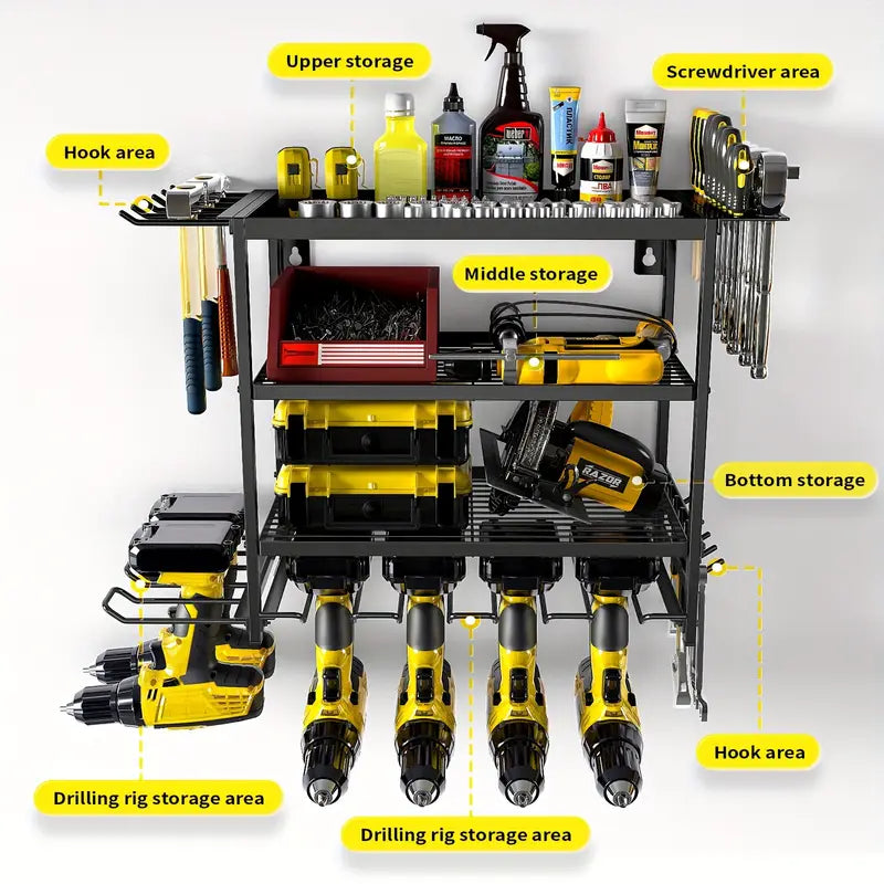 Raft pentru scule si unelte, din metal, cu montare pe perete, dimensiuni 60x41.5x24.5 cm, cu 4 compartimente de depozitare, carlige pentru agatare, negru