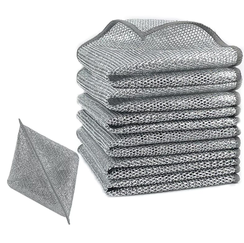 Set 10 lavete cu dublu strat, din fibra abraziva pentru vase, utilizare umeda si uscata, carpa de sarma, 30 x 30 cm, Argintiu