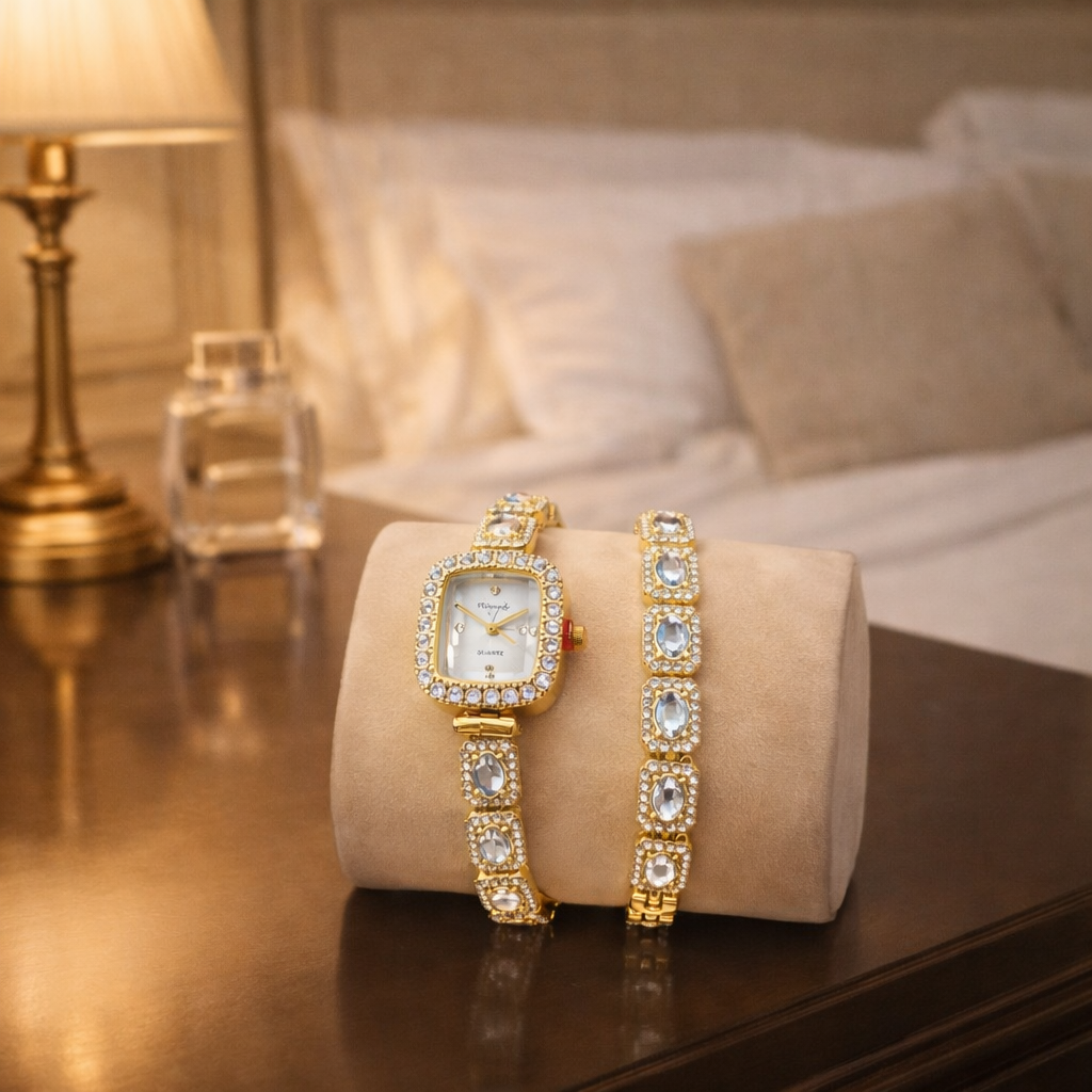 Set Ceas si Bratara Dama, Auriu cu Pietre Decorative