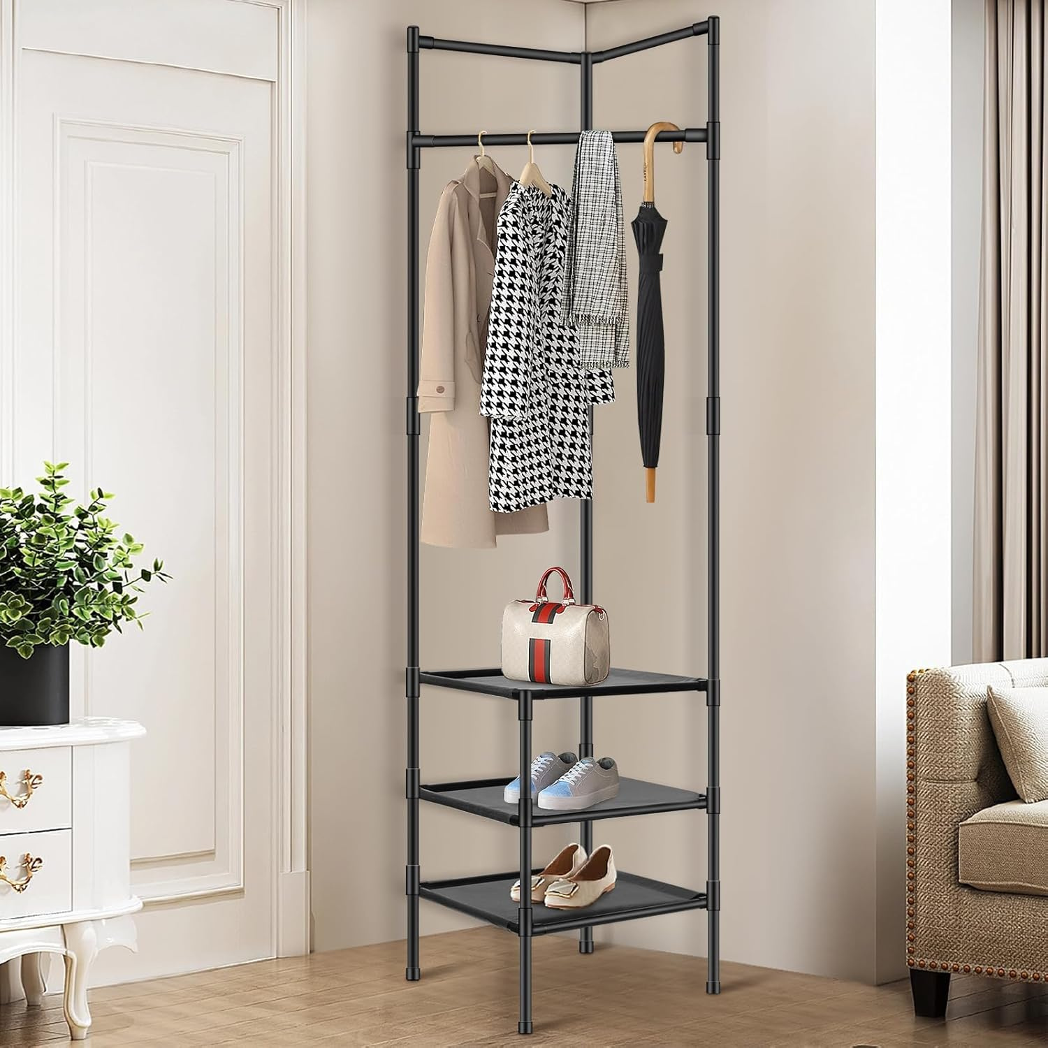 Cuier haine metalic pentru coltul camerei, 3 rafturi 180 x 44 x 44 cm