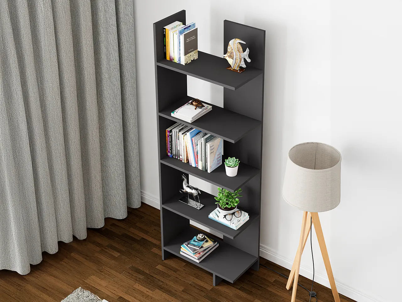Raft Biblioteca Asimetric 5 Polite MDF Negru Decorativ Perete - detaliu produs