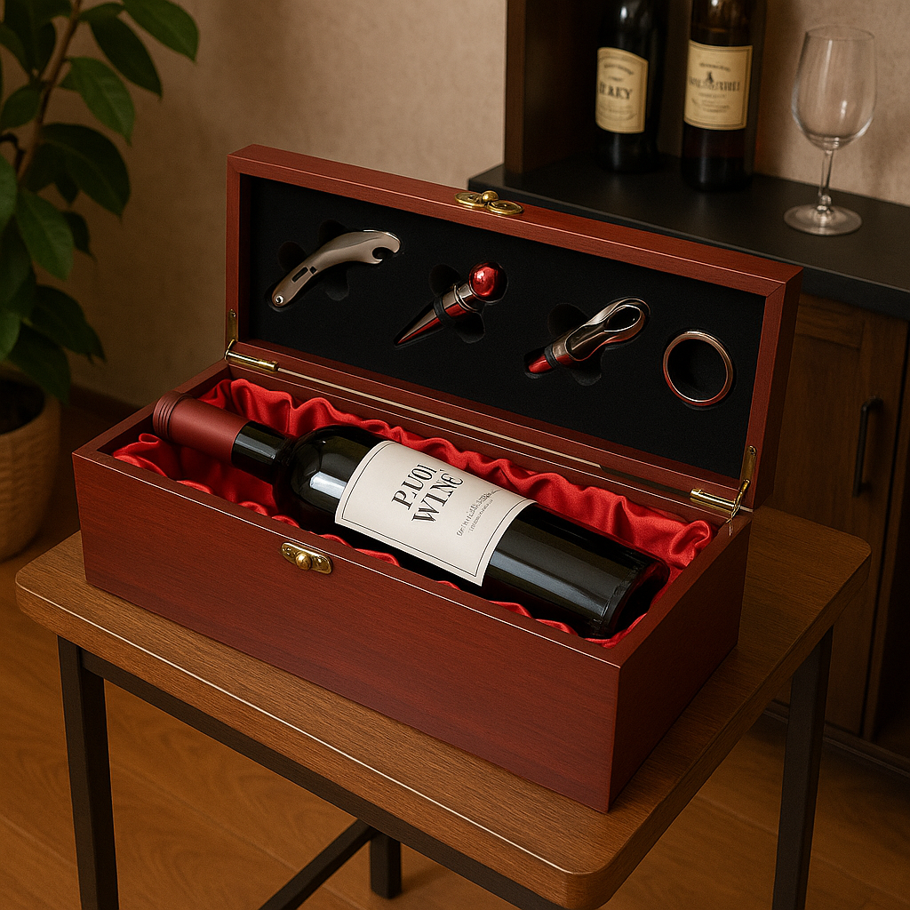 Set Cadou Cutie din Lemn pentru Sticla de Vin cu Accesorii – Elegant si Premium