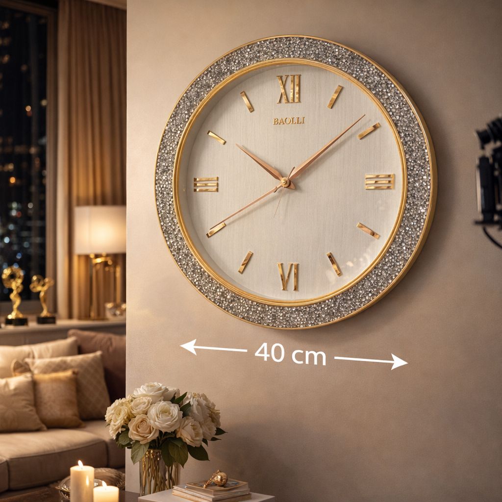 Ceas de perete decorativ cu pietricele stralucitoare si cifre romane aurii, 40cm