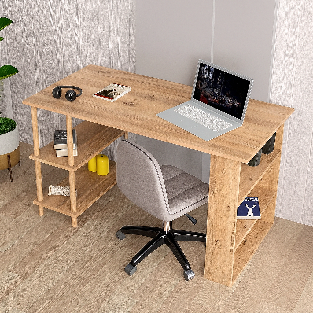 Birou de studiu cu raft dublu, MDF si lemn masiv, 120x60 cm