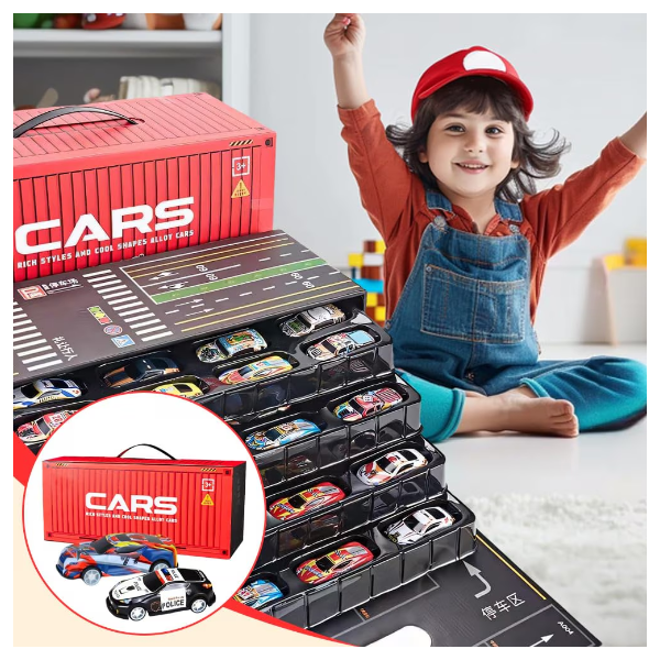 Set 48 Jucarii Masinute Tractiune Retractabila - Aliaj, Cutie Container, 4 Nivele Garaj, Rezistente Caderi Socuri, 3-8 Ani, Modele Culori Variate