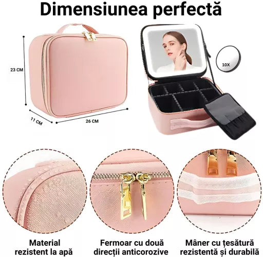 Geanta Cosmetica Pentru Make-up cu Oglinda LED cu Touch, 26x23x11 cm