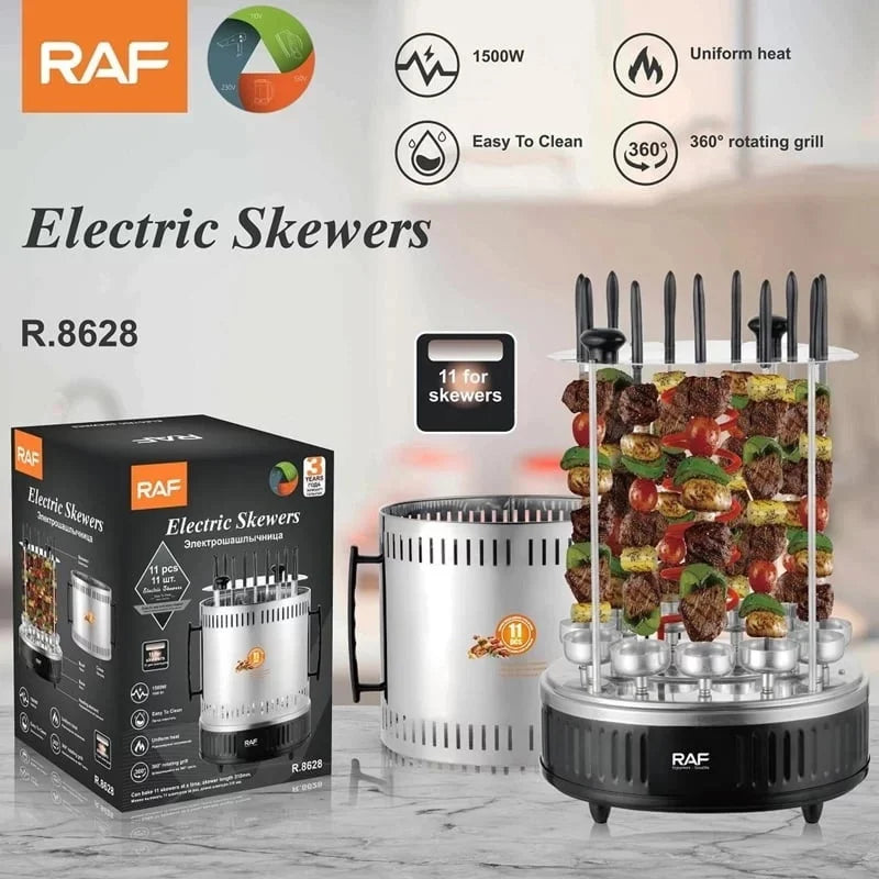 Gratar si rotisor electric multifunctional, RAF R8628, 1500 W, pentru 11 frigarui, din otel, negru-argintiu