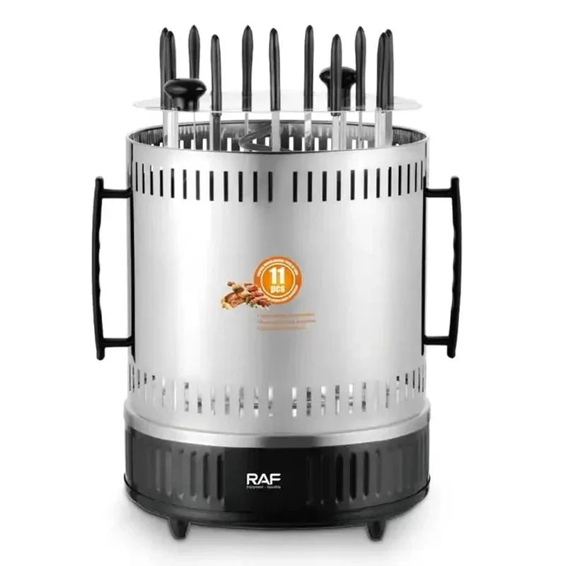 Gratar si rotisor electric multifunctional, RAF R8628, 1500 W, pentru 11 frigarui, din otel, negru-argintiu