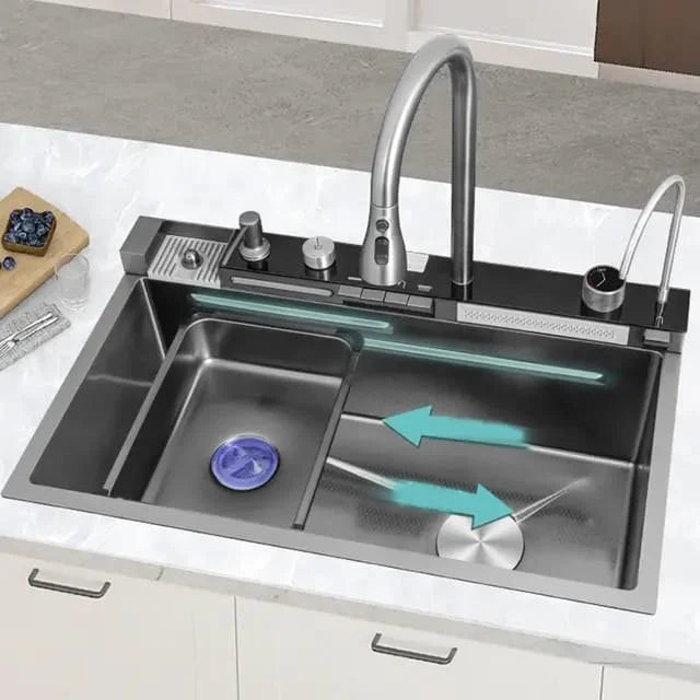 Chiuveta Bucatarie Multifunctionala Negru Grafit cu 2 Cascade, Robinet Cascada, Afisaj Digital Temperatura, Accesorii Incluse