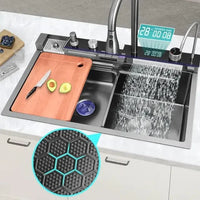 Chiuveta Bucatarie Multifunctionala Negru Grafit cu 2 Cascade, Robinet Cascada, Afisaj Digital Temperatura, Accesorii Incluse