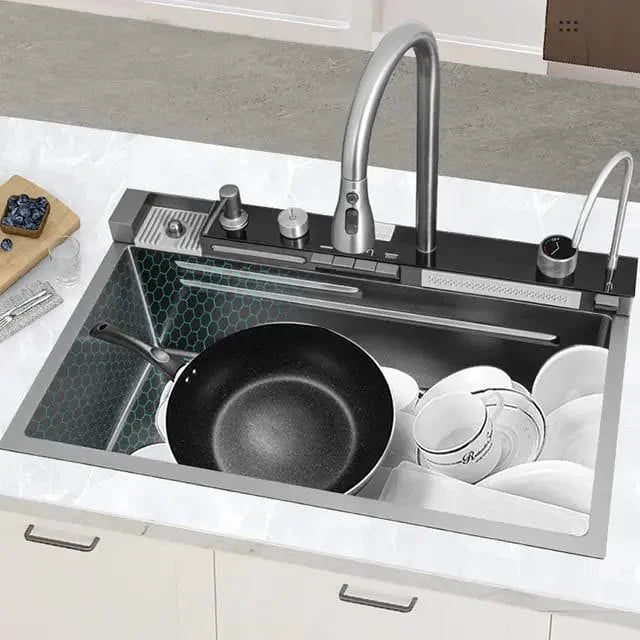 Chiuveta Bucatarie Multifunctionala Negru Grafit cu 2 Cascade, Robinet Cascada, Afisaj Digital Temperatura, Accesorii Incluse