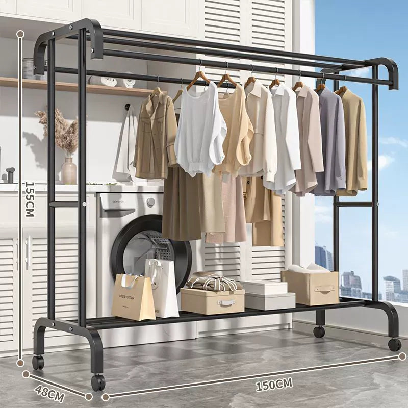 Suport dublu de umerase pentru haine, cu 1 suport de pantofi, din metal, cu raft depozitare deasupra – 50KG greutate maxima, 150x120x48cm