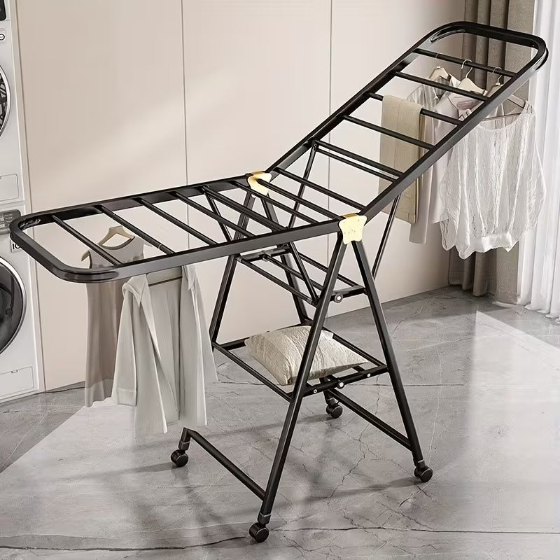 Uscator rufe metalic 180x130 cm, pliabil, cu roti, suport incaltaminte si aripi laterale, alb/negru