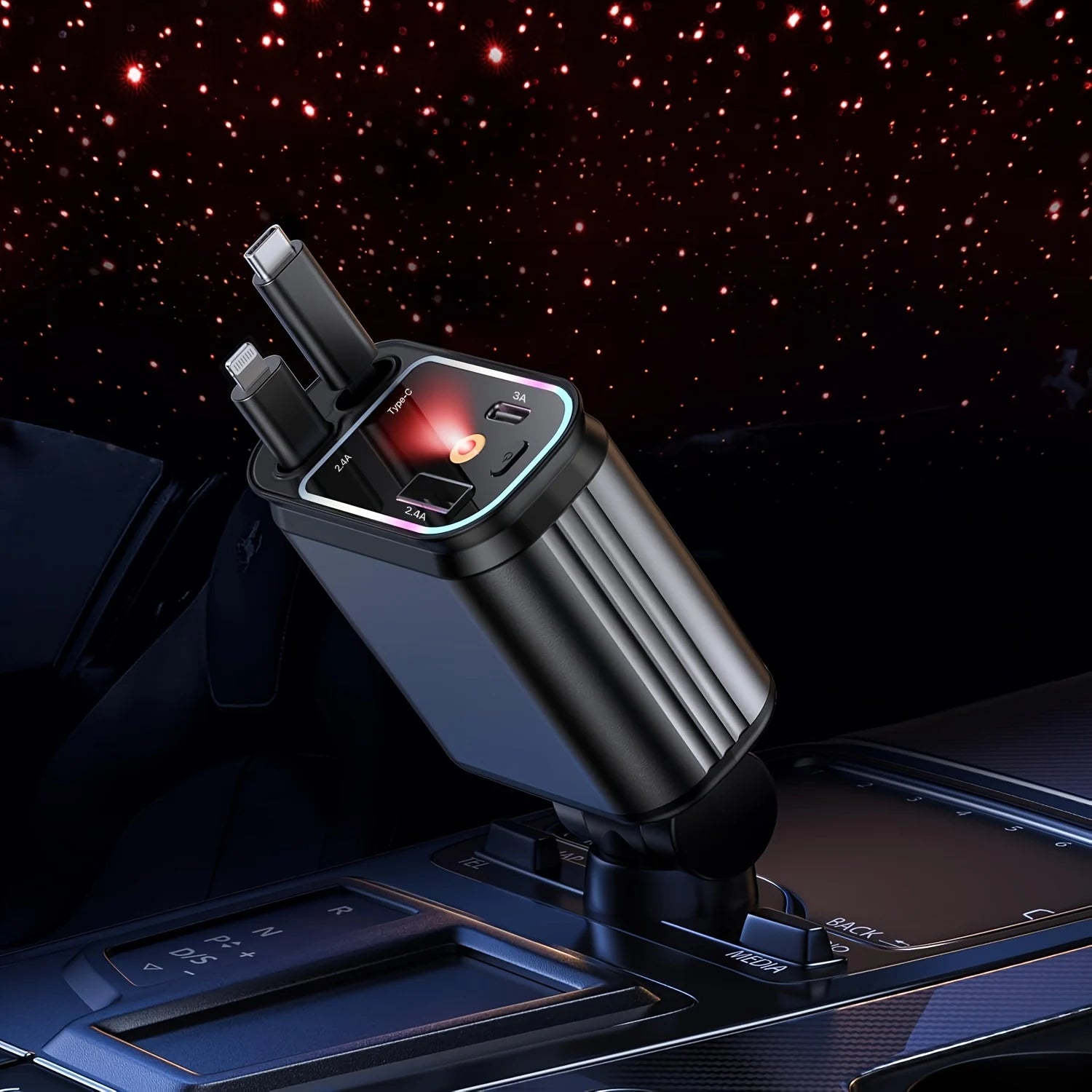 Incarcator Auto Retractabil 4-in-1 Fast Charge, 2 Cabluri Retractabile Lightning & Type-C, Iluminare RGB, Proiectie Stelara Laser