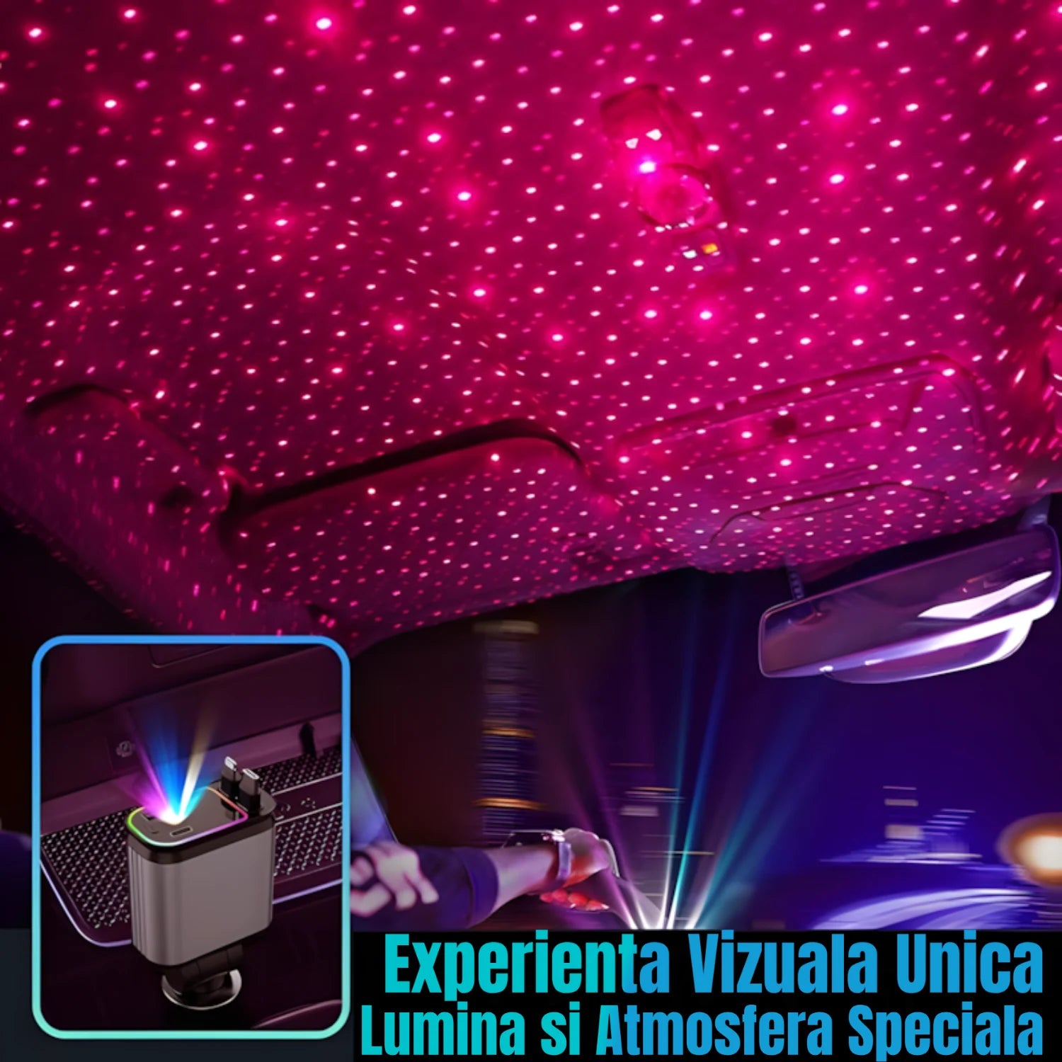 Incarcator Auto Retractabil 4-in-1 Fast Charge, 2 Cabluri Retractabile Lightning & Type-C, Iluminare RGB, Proiectie Stelara Laser
