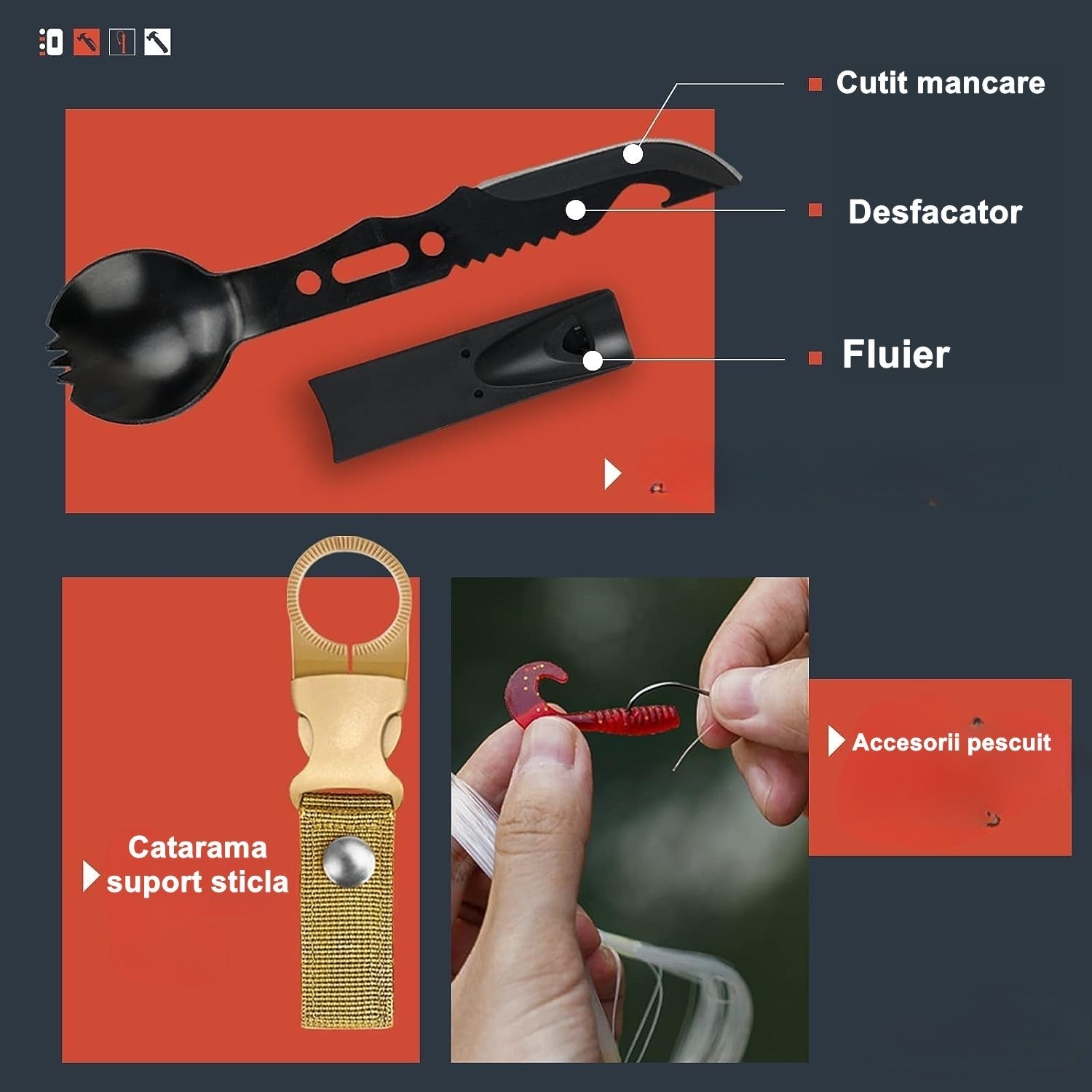Kit multifunctional, 19 piese, excelent pentru drumetii, vanatoare, pescuit, camping