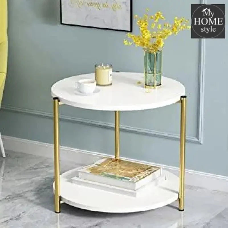 Masuta rotunda cu blat tip marmura si raft pentru depozitare, picioare aurii, design modern 40 x 40 x 43 cm – Alb