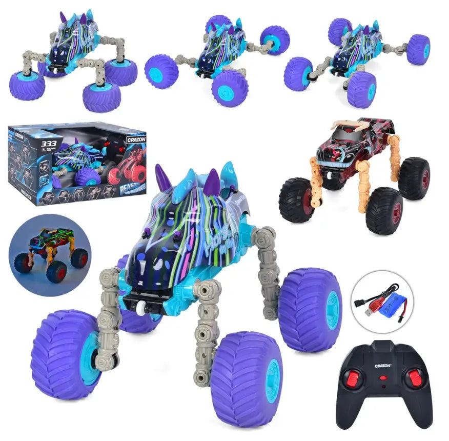 Masinuta pentru copii cu telecomanda, model Unicorn, transformabil, cu lumini LED