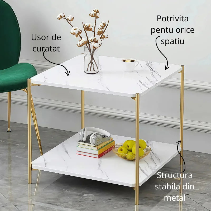 Masuta patrata cu 2 niveluri pentru depozitare, design modern si compact, 40 x 40 x 42 cm