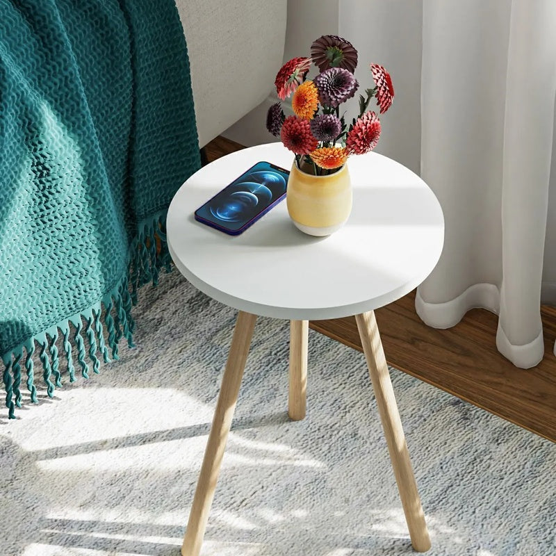 Masuta decorativa rotunda cu picioare din lemn, stil scandinav, 34x34x45 cm