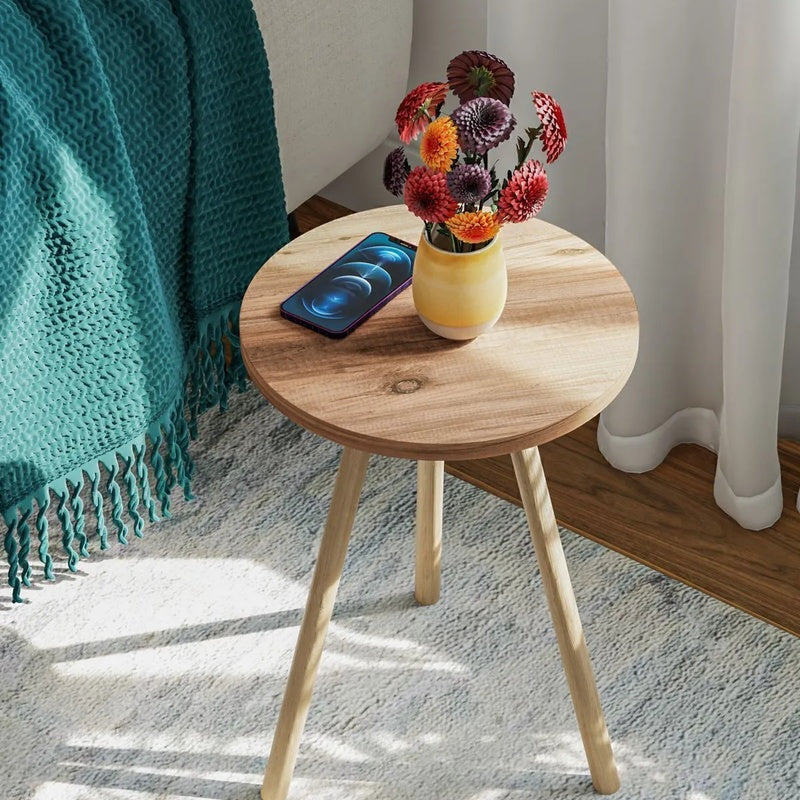 Masuta decorativa rotunda cu picioare din lemn, stil scandinav, 34x34x45 cm