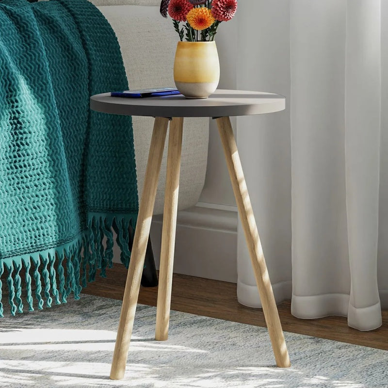 Masuta decorativa rotunda cu picioare din lemn, stil scandinav, 34x34x45 cm