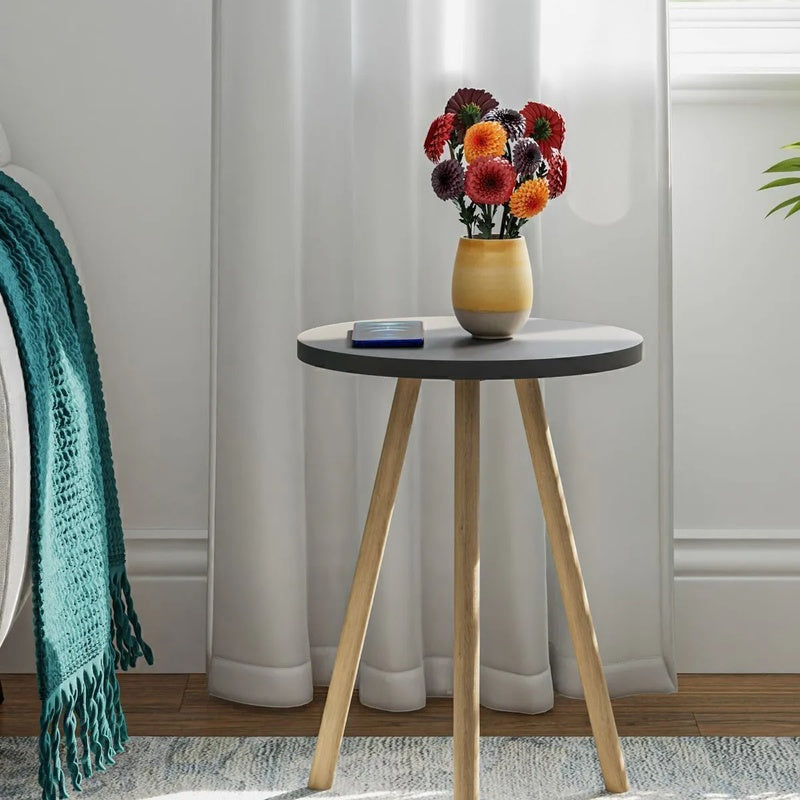 Masuta decorativa rotunda cu picioare din lemn, stil scandinav, 34x34x45 cm