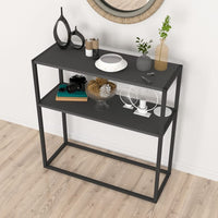 Masă consola decorativa cu 2 rafturi, 90x90x33,5 cm, efect stejar și cadru metalic - imagine 3