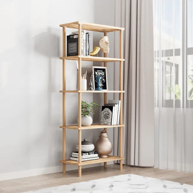 Raft elegant cu 5 polite din bambus, 29x60x137 cm