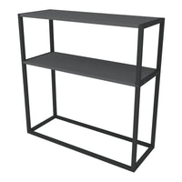 Masă consola decorativa cu 2 rafturi, 90x90x33,5 cm, efect stejar și cadru metalic