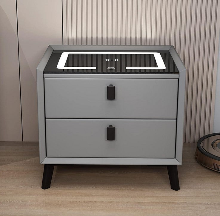 Noptiera Smart Multifunctionala, iluminare LED tactil cu 3 culori, incarcare wireless si USB, difuzor Bluetooth, 2 sertare