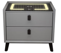 Noptiera Smart Multifunctionala, iluminare LED tactil cu 3 culori, incarcare wireless si USB, difuzor Bluetooth, 2 sertare