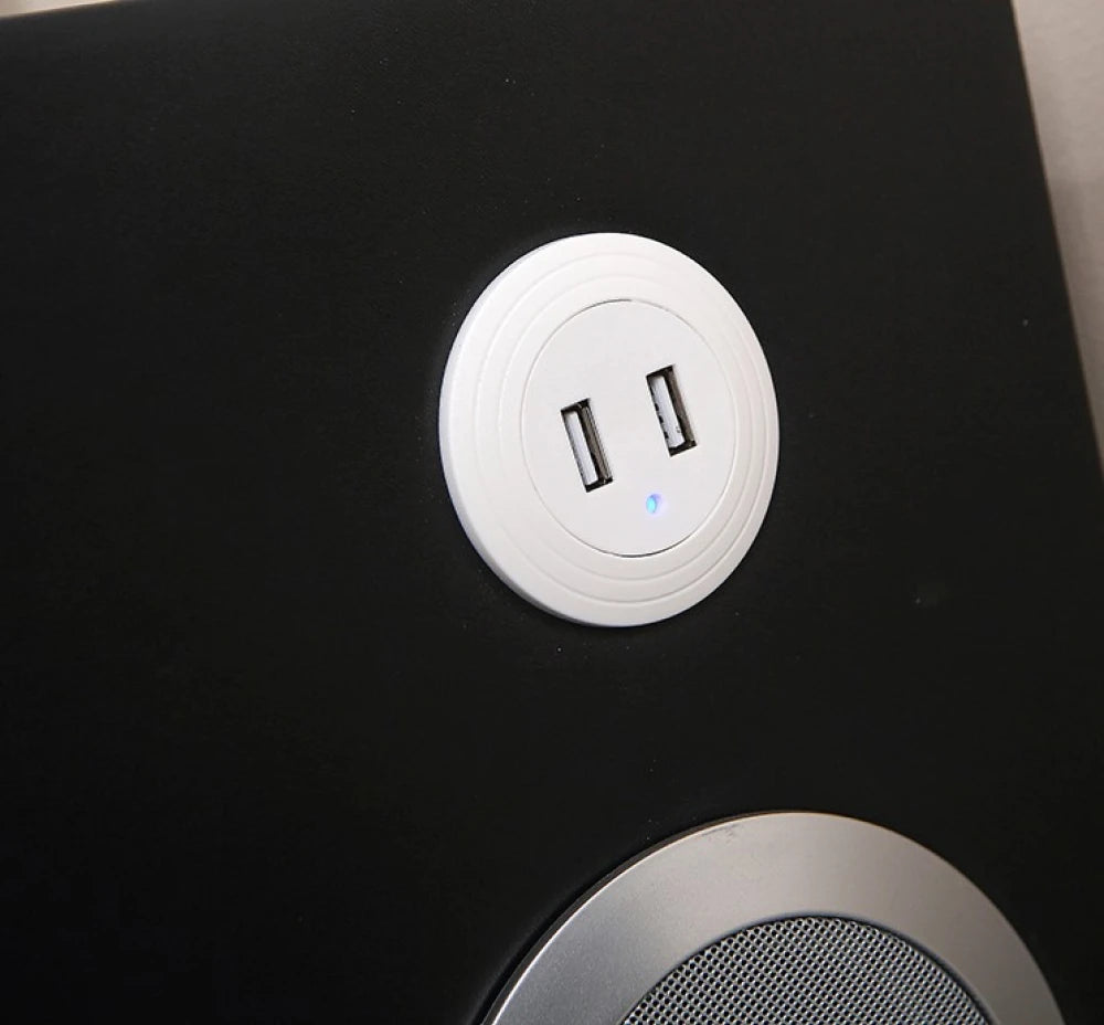 Noptiera Smart Multifunctionala, iluminare LED tactil cu 3 culori, incarcare wireless si USB, difuzor Bluetooth, 2 sertare