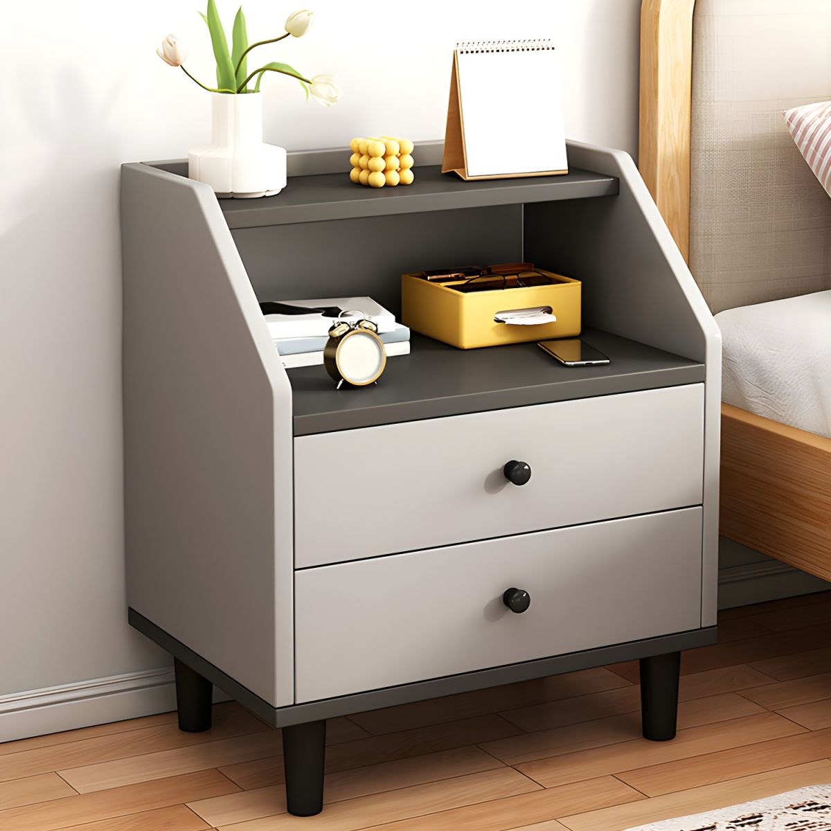 Noptiera moderna cu 2 sertare, raft si picioare, 40x30x53cm