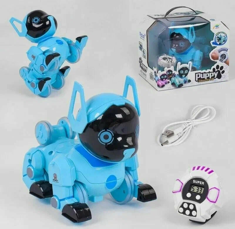 Robot Catelus Smart cu telecomanda ceas, cantece, lumini, rotire 360 de grade