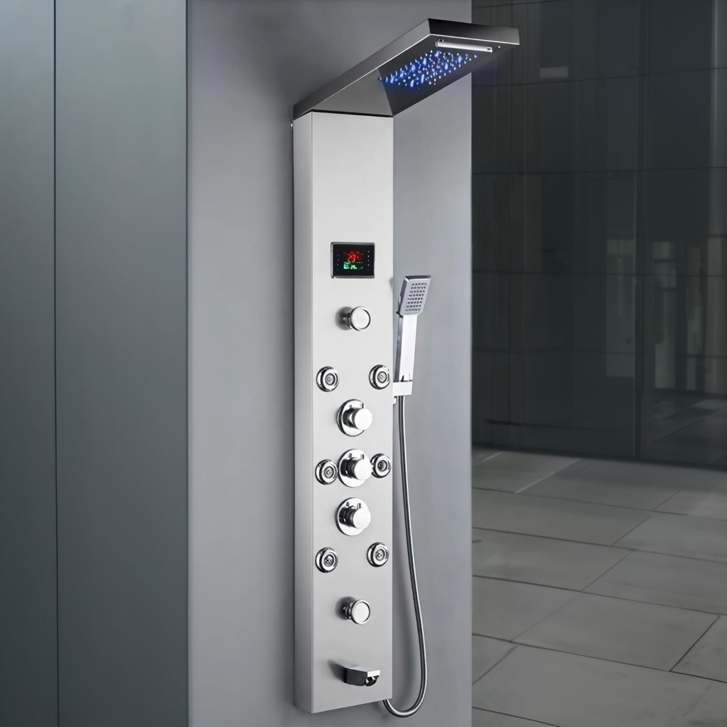 Panou dus modern din otel inoxidabil 304 cu functie cascada si jeturi multiple, montaj pe perete, culori negru, auriu si argintiu