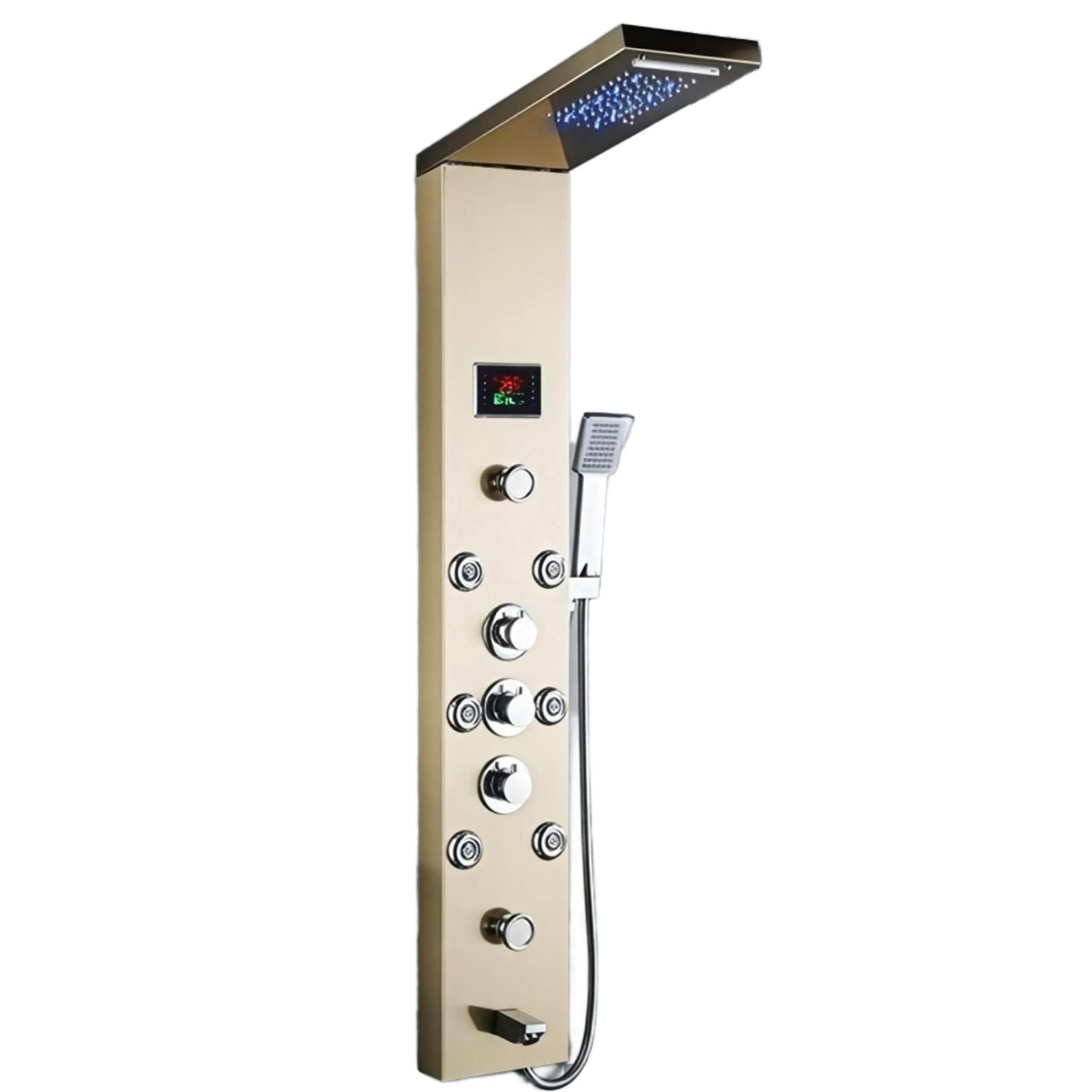 Panou dus modern din otel inoxidabil 304 cu functie cascada si jeturi multiple, montaj pe perete, culori negru, auriu si argintiu