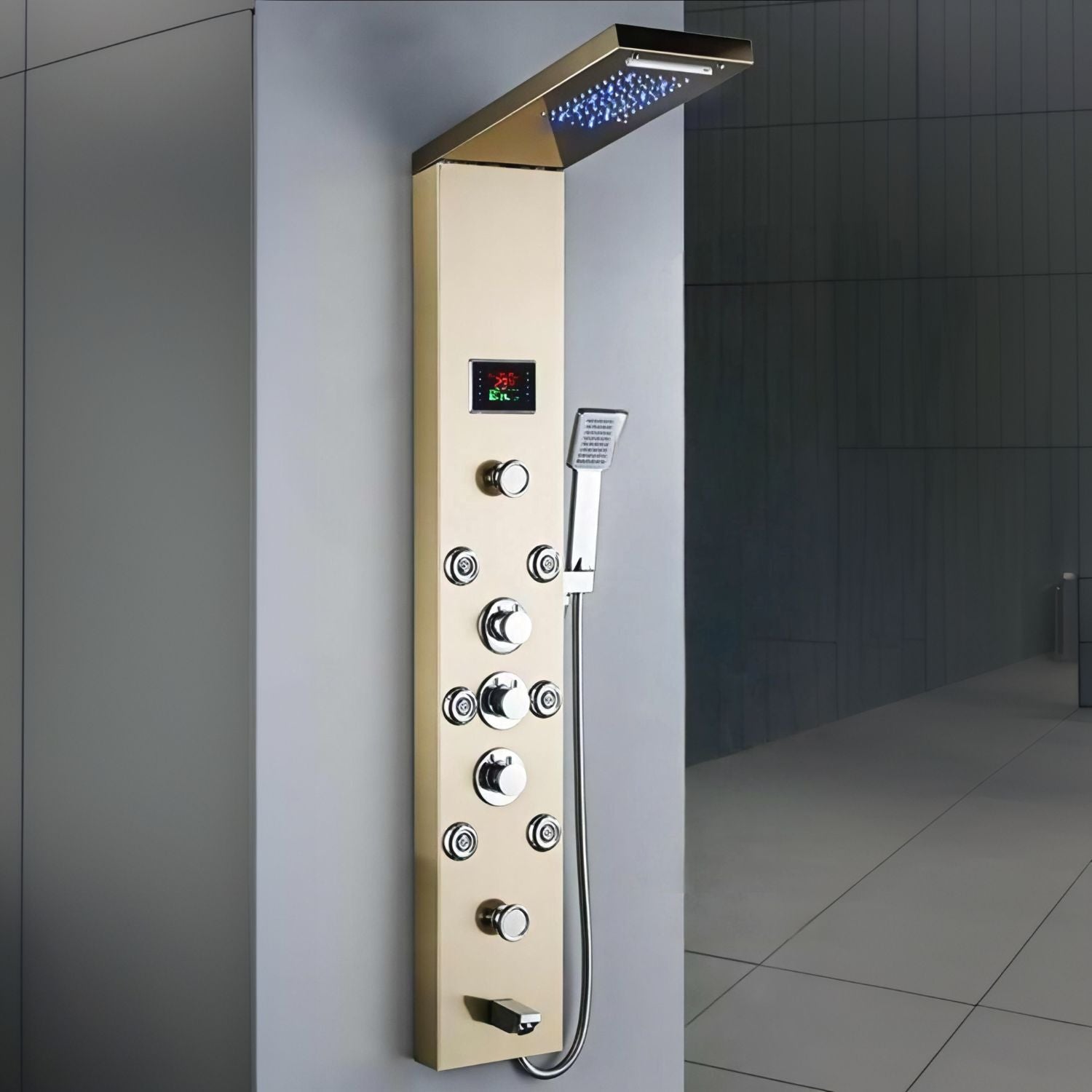 Panou dus modern din otel inoxidabil 304 cu functie cascada si jeturi multiple, montaj pe perete, culori negru, auriu si argintiu