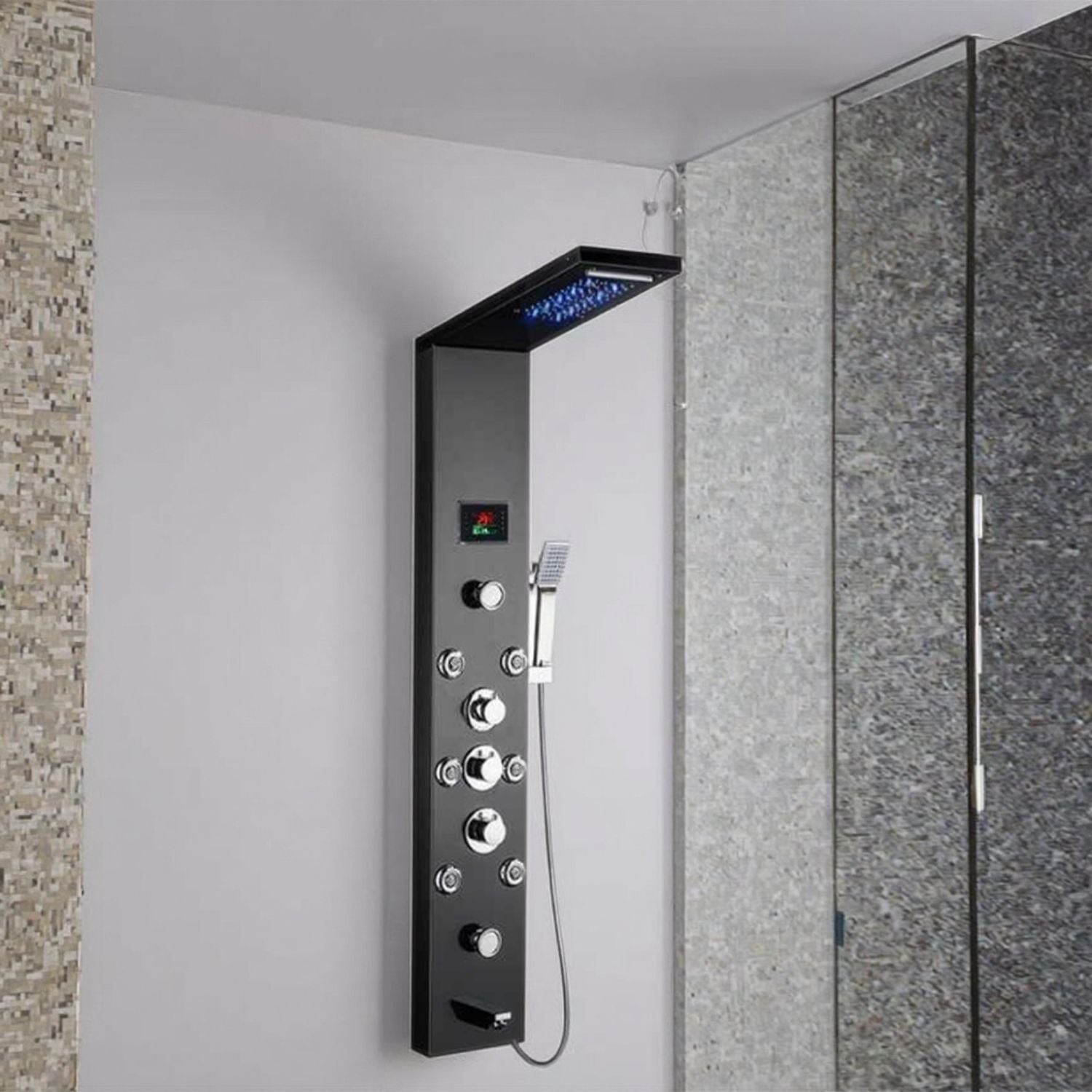 Panou dus modern din otel inoxidabil 304 cu functie cascada si jeturi multiple, montaj pe perete, culori negru, auriu si argintiu