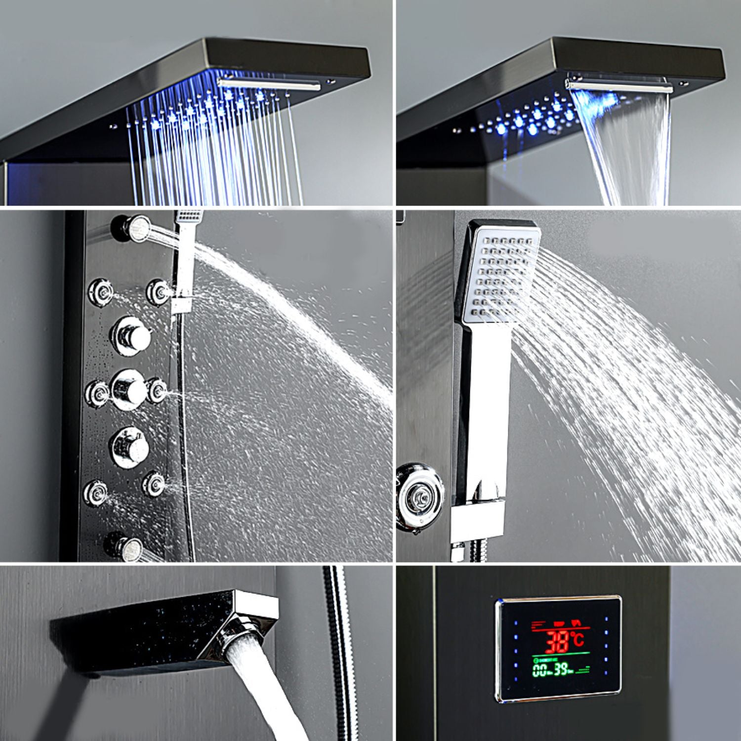 Panou dus modern din otel inoxidabil 304 cu functie cascada si jeturi multiple, montaj pe perete, culori negru, auriu si argintiu