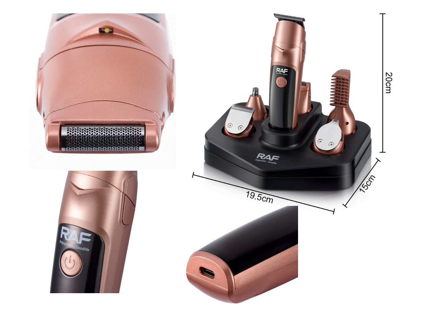 Aparat de tuns multifuncțional RAF R4021 cu 19 accesorii, baterie 600mAh, încărcare USB, culoare Rose Gold