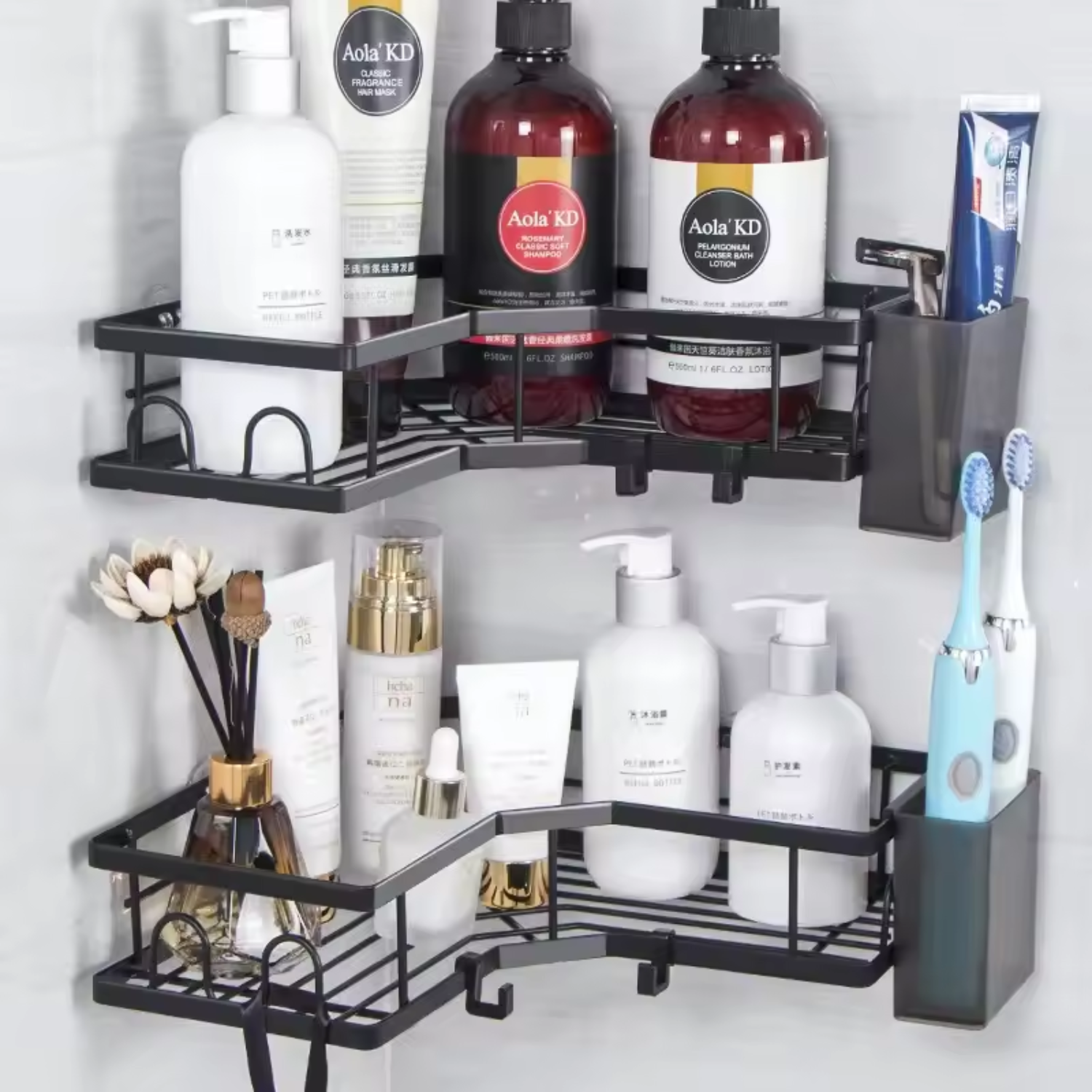 Set 2 rafturi de colt pentru baie sau bucatarie,5 piese, cu suport pentru periuta si pasta de dinti