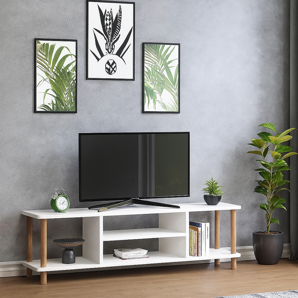 Comoda TV cu rafturi, 120 cm, model cu picioare din lemn