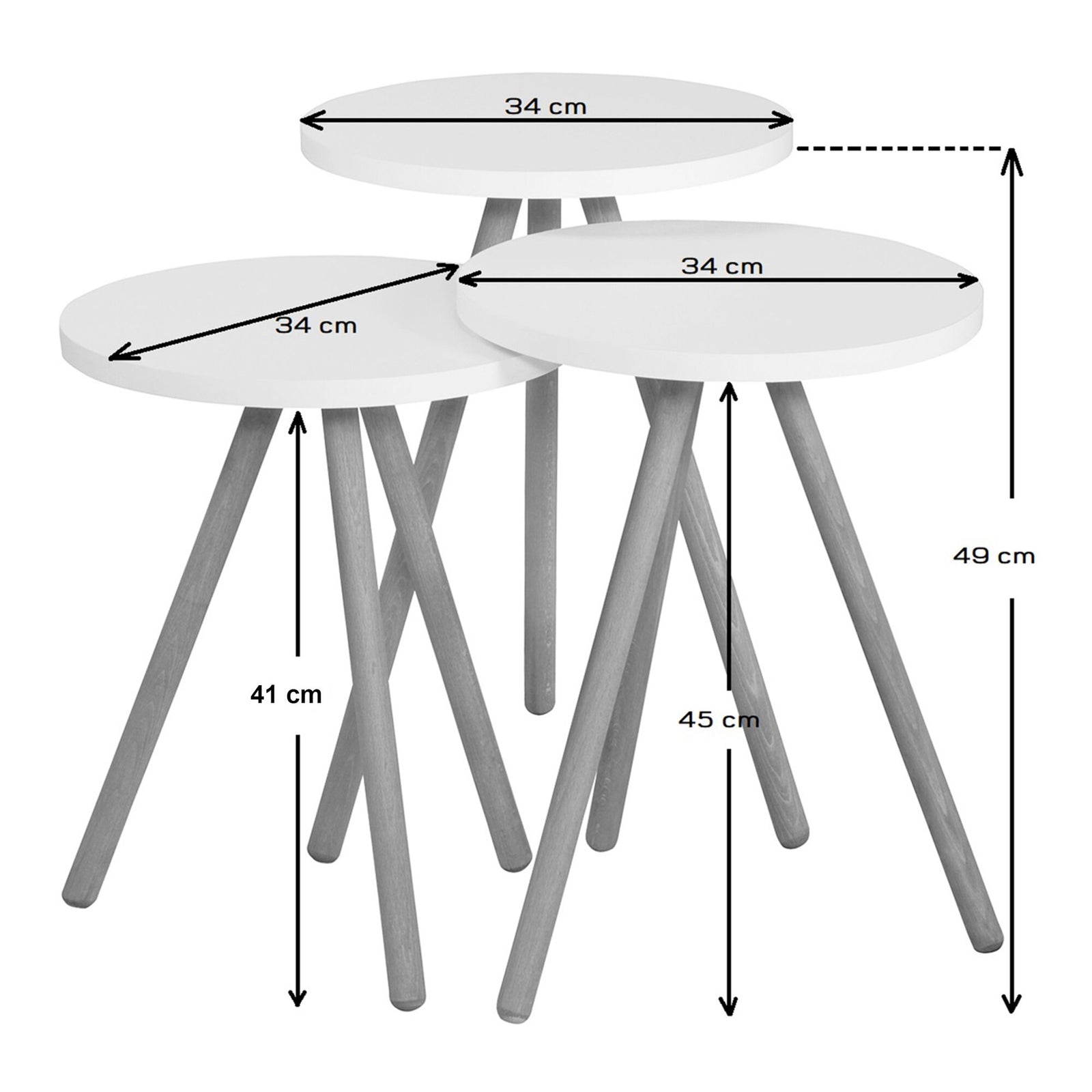 Set 3 masute decorative rotunde, cu picioare din lemn, stil scandinav, 3 inaltimi 41 / 45 / 49 cm